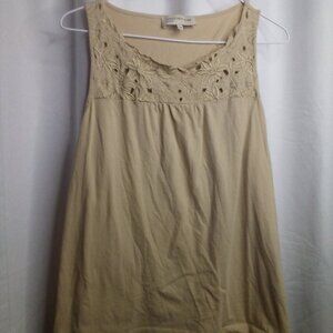 Jones New York Sport Blouse L Sleeveless Floral Embroidery Trim Tan